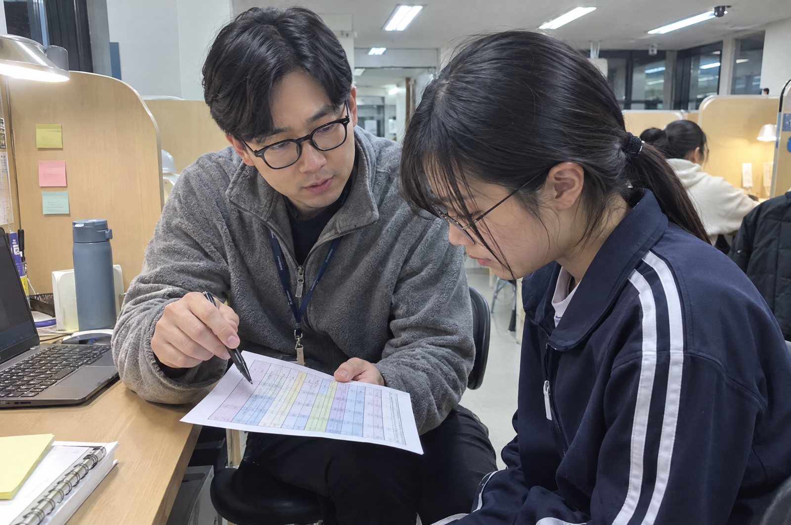 교수자와 학생이 오늘의 학습 계획표를 함께 조정하는 모습