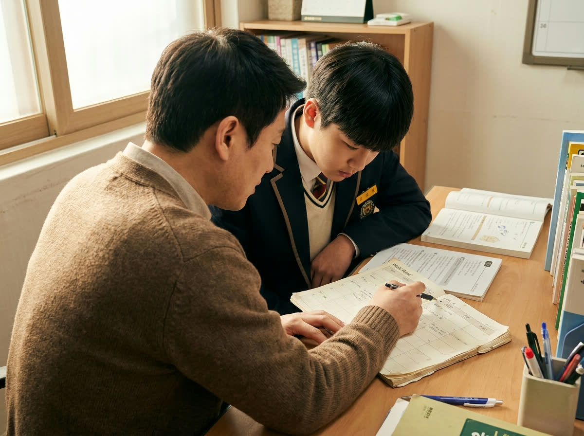 멘토와 학생이 주간 스케줄을 함께 점검하는 모습
